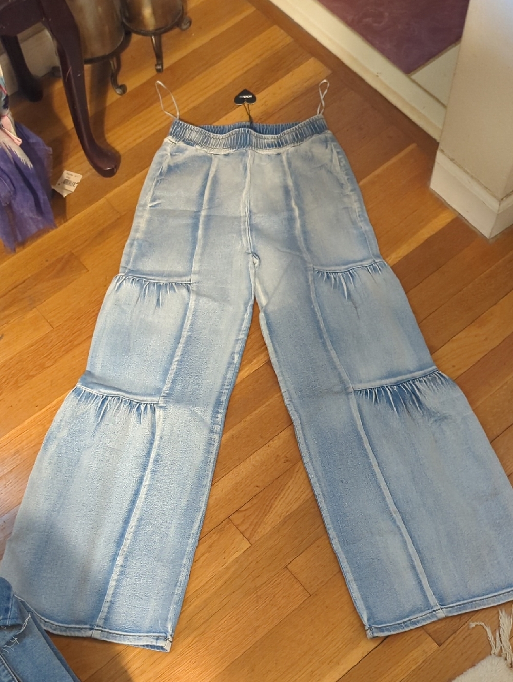 Brand New The Flowy Light Blue Elastic Waist Wide-Leg Jeans Fashion Nova